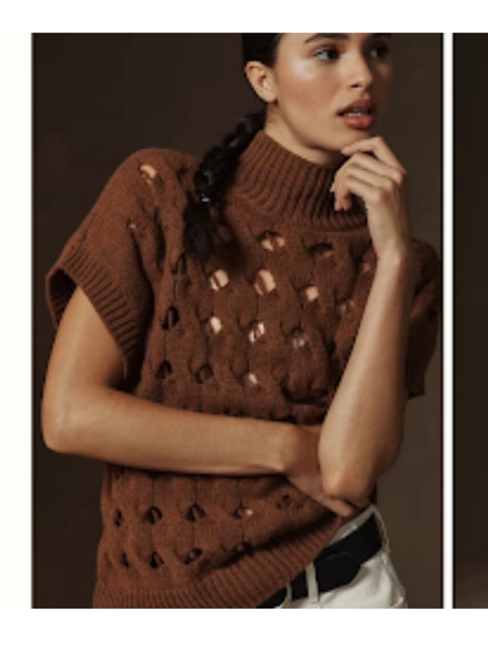 Anthropologie Stella Nova Odile Open-Knit brown wool Turtleneck Sweater Vest Sz8